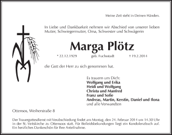 Traueranzeige von Marga Plötz von Pegnitz-Zeitung